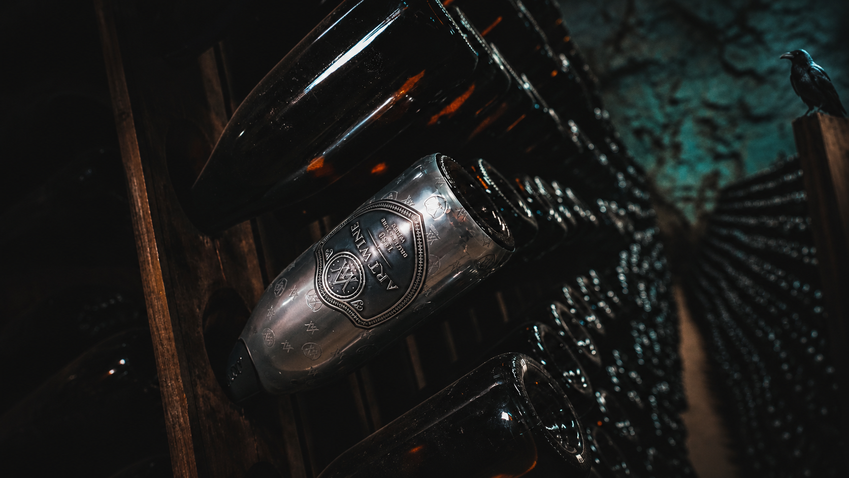 Artwine bottles receding into the cellar, with a raven at the far right; existing campaign artwork based on the original cellar photograph.