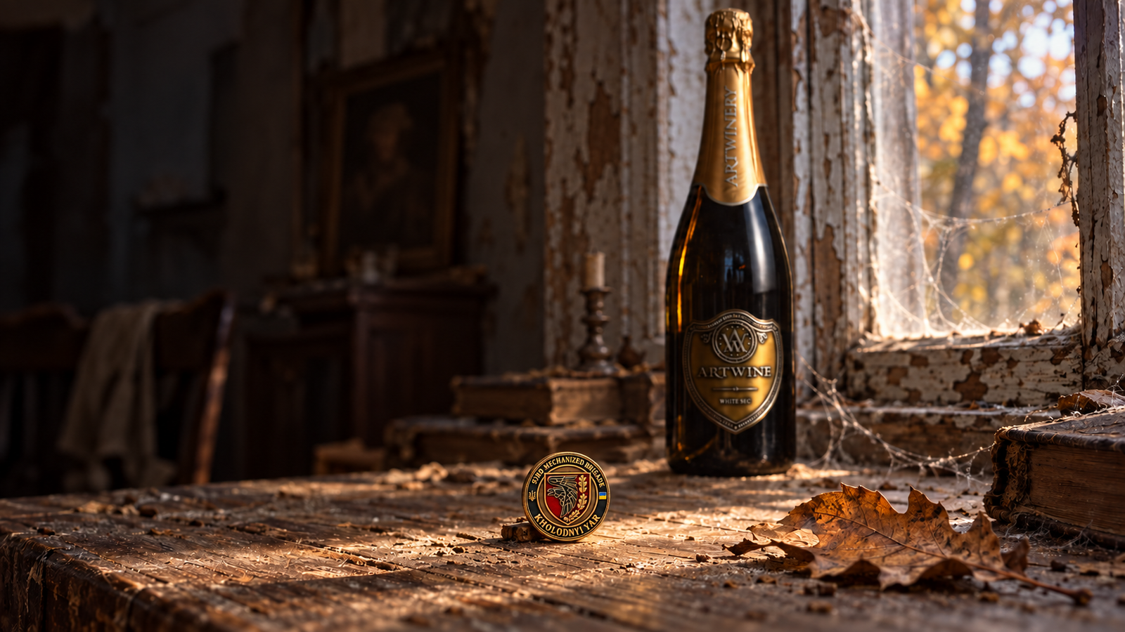 Small 93rd coin on a dusty table, with a White Sec Artwine bottle farther back beside a weathered window.